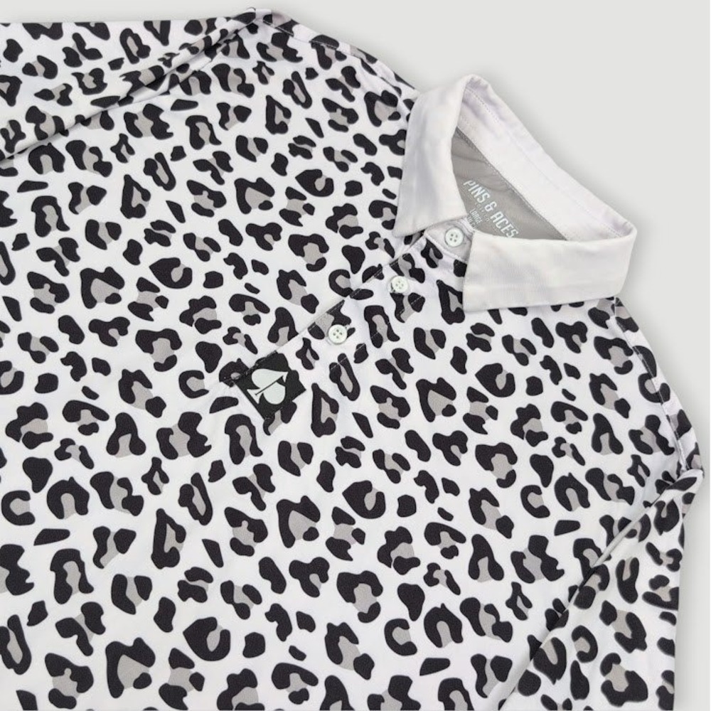Pins and Aces Jungle Cat Polo Shirt Men Large White Leopard Print‎ Golf Casual